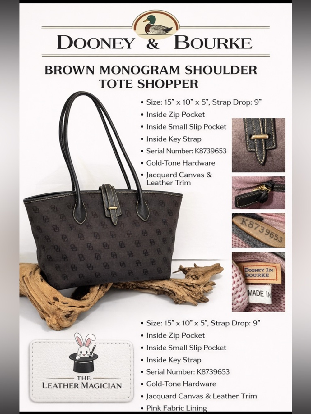 Dooney & Bourke Canvas Tote Bag Y2K Vintage Shoulder Shopper Brown Pink Lining